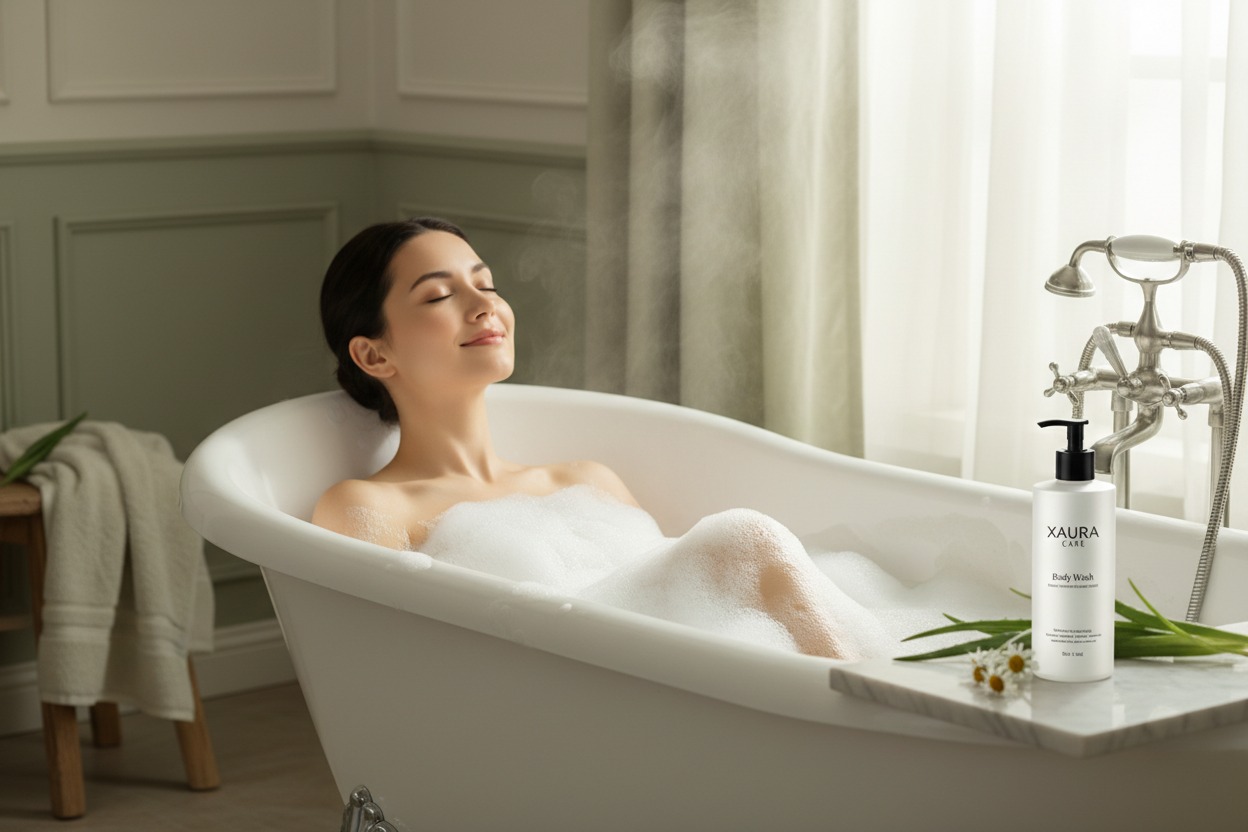 Una donna si rilassa in una vasca da bagno piena di schiuma vicino a una bottiglia di bagnoschiuma Xaura Care.