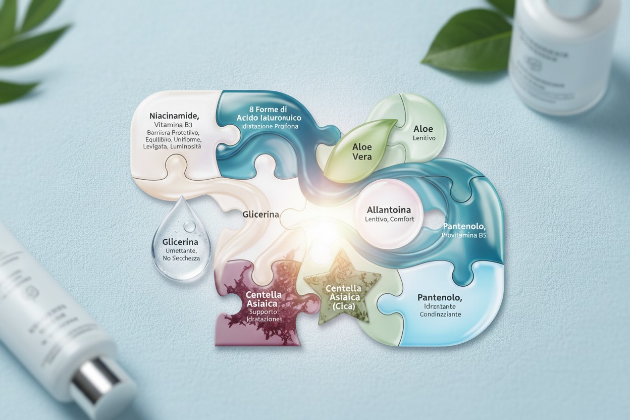 Un puzzle composto da tessere che rappresentano diversi ingredienti per la cura della pelle, come niacinamide, acido ialuronico e glicerina.
