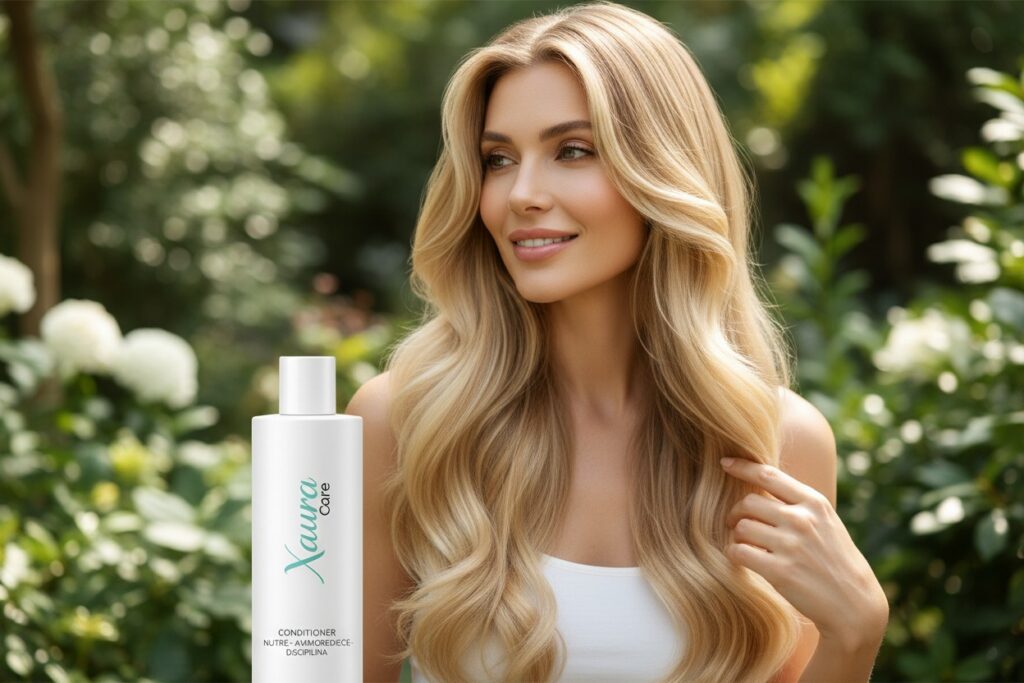 Una donna bionda con lunghi capelli ondulati posa accanto a una bottiglia di balsamo per capelli immersa in un giardino verde.