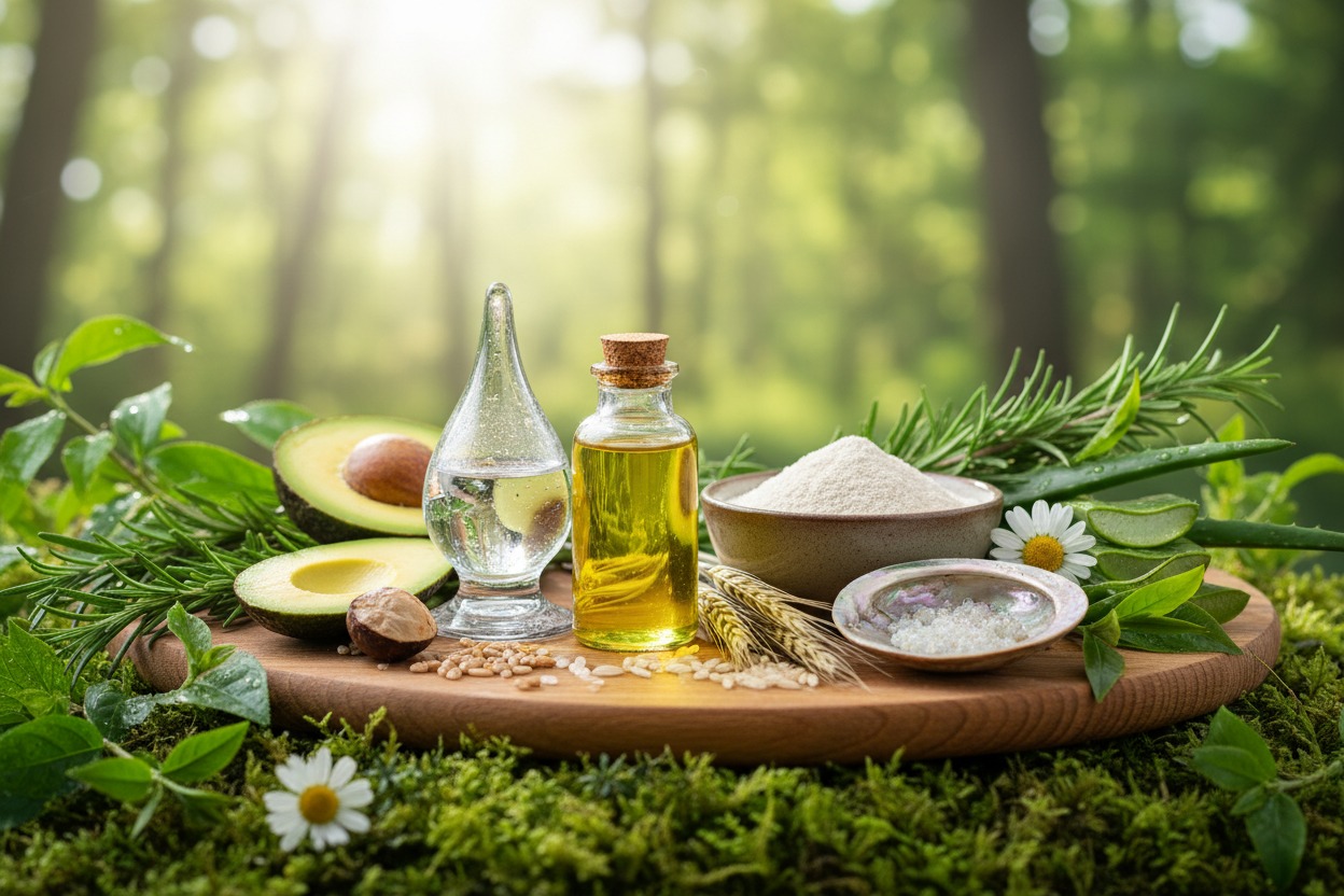 Un tagliere di legno su un letto di muschio espone bottiglie di oli essenziali circondate da avocado tagliati a metà, rametti di rosmarino, aloe vera, cereali e ciotole con polvere e sali naturali, con uno sfondo boschivo illuminato dal sole.