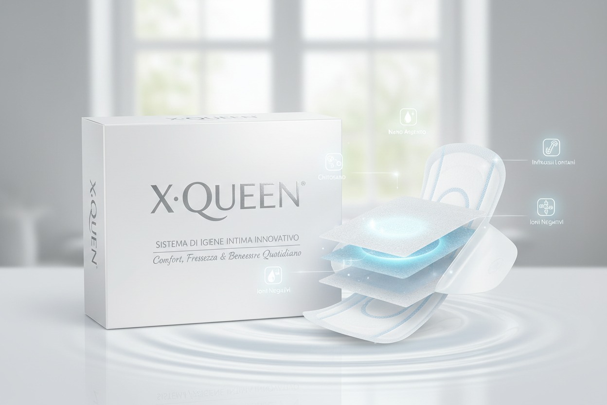 Una scatola bianca del sistema di igiene intima X-Queen accanto a un assorbente aperto a strati, con icone esplicative che indicano le tecnologie come nano argento e ioni negativi.